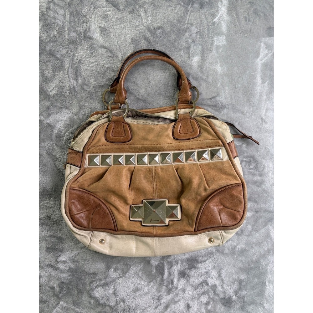 Marciano Handbag Large Tan Leather Satchel Studded Boho 2000s Vintage Used